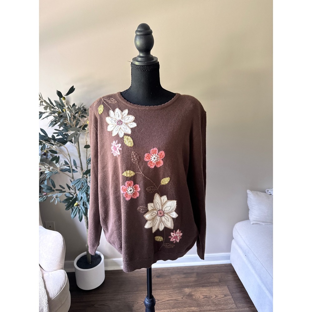 Alfred Dunner Brown Floral Embroidered Beaded Wool Blend Sweater XL Womens